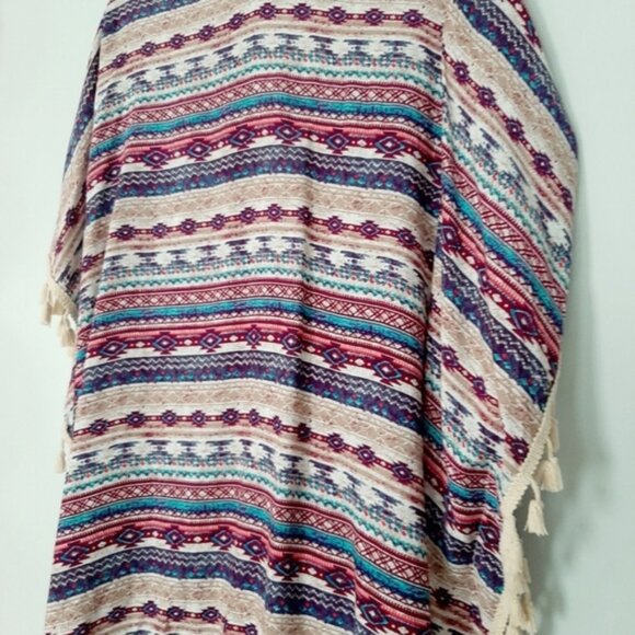 KISMET Light Boho Colorful Patterned Kimono Poncho Fringe Trim Southwestern OS - Picture 11 of 13